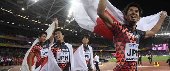 Athletics - World Athletics Championships  Mens 4 X 100 Meters Relay Final  London Stadium, London, Britain  August 12, 2017  Shuhei Tada, Shota Iizuka, Yoshihide Kiryu And Kenji Fujimitsu Of Japan Celebrate Winning The Bronze Medal. REUTERS/Toby Melville